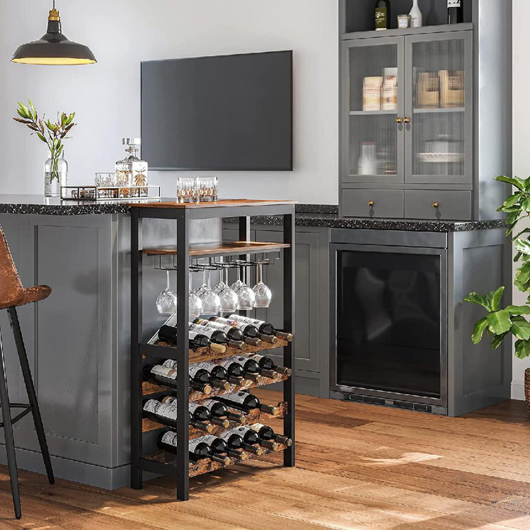 17 Stories Jaq 24 Bottle Floor Wine Bottle & Glass Rack in Rustic Brown And Black Wayfair